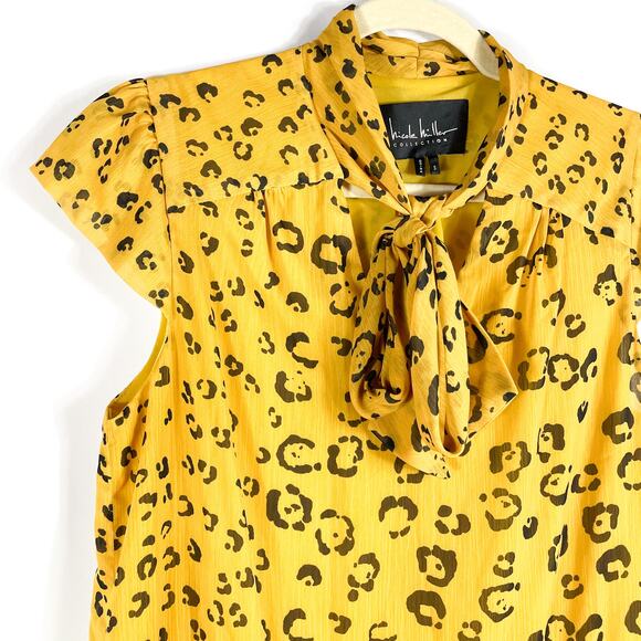 Nicole Miller Yellow Leopard Top Bow Neck Tie Blouse Cap Sleeve Ruffle Sz S - Picture 4 of 9